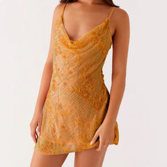 Glitter Cowl Neck Backless Cami Mini Dress