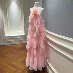 Pink Layered Ruffled 3d Rose Maxi Dress