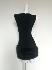 Black O Neck Diamond Beaded Fur Patchwork Mini Bandage Dress