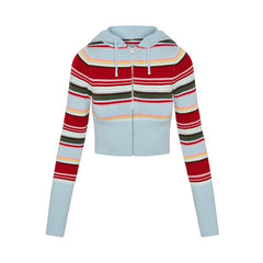 Striped Rainbow Knitted Cropped Cardigan And Blue Knit Pants Set