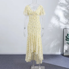 Short Sleeve Floral Print Tie Up Midi Dress
