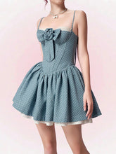 Blue Flower Applique Polka Dot Boned Corset Ruffle Mini Dress