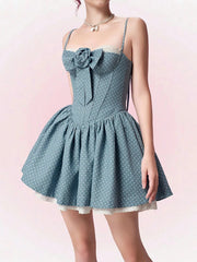 Blue Flower Applique Polka Dot Boned Corset Ruffle Mini Dress