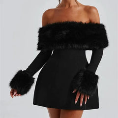 Off Shoulder Fur Trim A Line Mini Dress