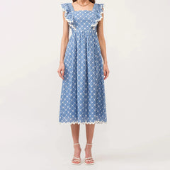 Blue Floral Print Square Neck Frill Tie Up Midi Dress