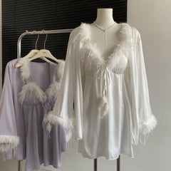 Feather Fur Trim Cami Nightdress And Bathrobe Gown Sleepwear Set