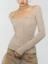 Off Shoulder Long Sleeve Sheer Button Applique Top