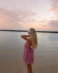 Pink Ruffles Cut Out Halter Rose Mini Dress