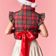 Red Plaid Ruffle Cap Sleeve Zip Cropped Puffer Vest