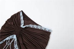 Brown Lace Patchwork Crop Top And Ruched Drawstring Maxi Skirt Set