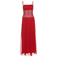 Red Strap Mesh Patchwork Maxi Dress
