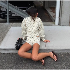 White Polka Dot Zipper Jacket And Shorts Set