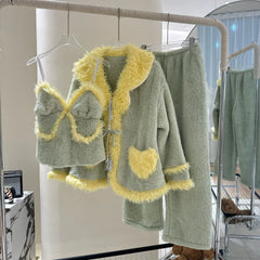 Yellow Fur Trim Fleece Three-Piece Sleepwear Set