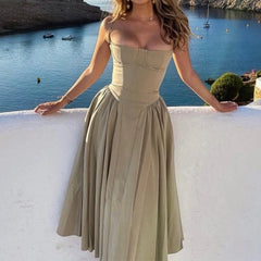 Solid Spaghetti Strap Bustier Pleated Midi Dress