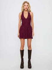 Burgundy Halter Sequin Mini Dress