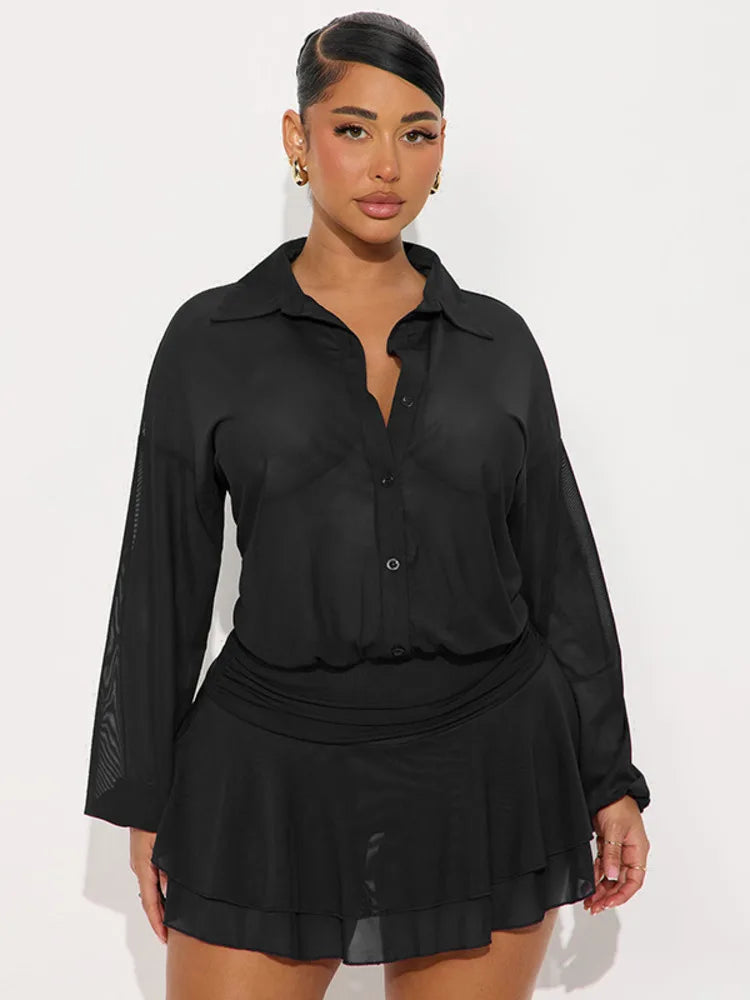 mesh button up dress Button Up Collar Mesh See Through Long Sleeve Mini Dress – Free From Label