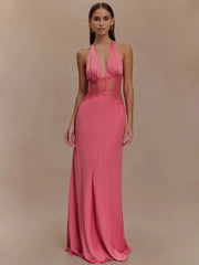 Lace Patchwork Halter Satin Maxi Dress