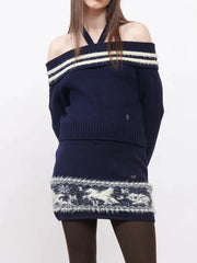 Off-Shoulder Sweater Strap Top And Knit Fuzzyh Mini Skirt