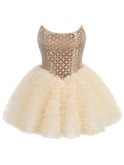 Strapless Rhinestones Mesh Tulle Puff Mini Dress