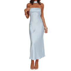 Woman wearing a light blue strapless gown - front