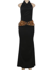 Black Satin Open Back Halter Leopard Sequins Patchwork Maxi Dress