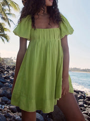 Puff Sleeve Babydoll  Square Neck Tie Back Mini Dress