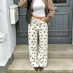High Waist Wide Leg Polka Dot Denim Pants