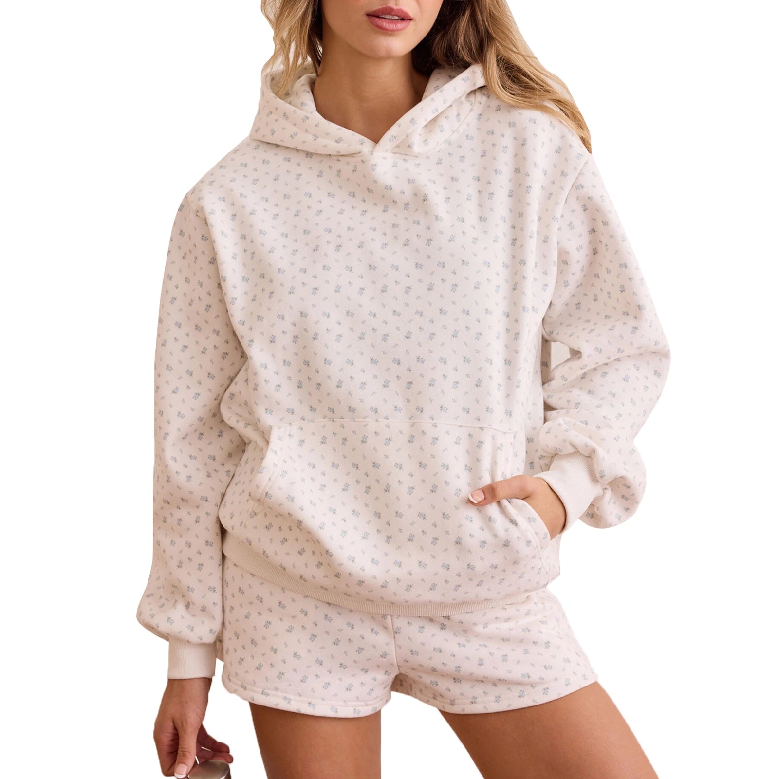 White patterned hoodie and shorts set on a white background