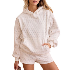 White patterned hoodie and shorts set on a white background