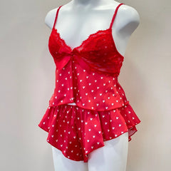Red Cami Polka Dot Satin Cami Crop Top And Ruffle Shorts Set