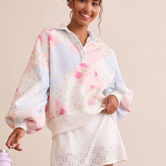 Turn-down Collar Patchwork Print Sweatshirt