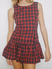 Plaid Print Round Neck Ruffles Hem Sleeveless Mini Dress