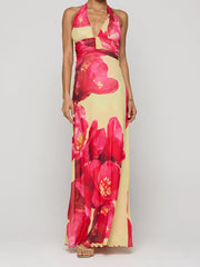 Halter Tie Up Floral Print Maxi Dress