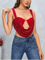 Red Bralette Rhinestone Cowl Crop Top