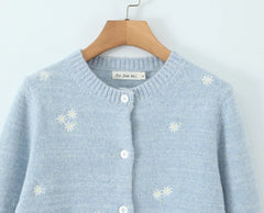 Blue Embroidery Flower Button Cardigan
