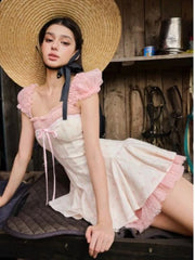 Square Collar Mesh Puff Short Sleeve Bow A-line Mini Dress