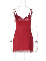 Red Spaghetti Strap Tassel Hem Mini Dress