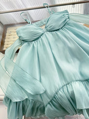 Mint Green Chiffon Bow Ruffle Mini Dress