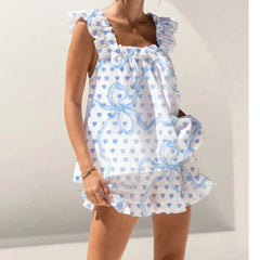 Bow Print Ruffled Trim Sleeveless Top and Shorts Lounge Wear Set