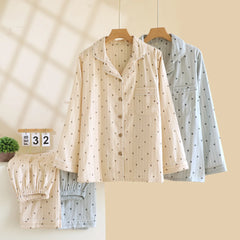 Cotton Heart Dotted Print Long Sleeve Shirt And Pant Pajama Set