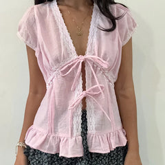 Ruffles Hem Short Sleeve Bow Tie Crop Top