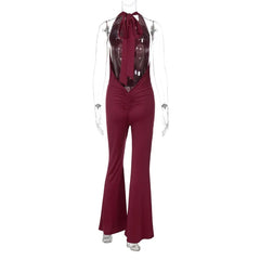 Deep V Neck Backless Flared Jumpsuit