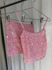 Sequins See Through Tank Top And Skirt Set