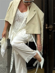 White Lace Printed Strap Long Top