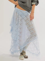 Lace Ruffle Sheer Asymmetrical Hemline Midi Skirt