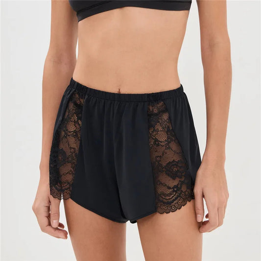 Satin Lace Side Panel Elastic Waist Pajama Shorts
