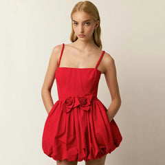 Red 3D flower Ball Gown Hem Mini Dress