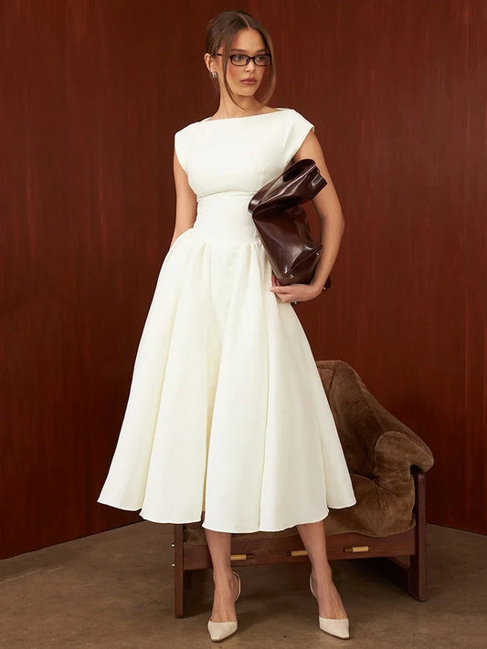 Solid Short Sleeve Flare High Neck Midi Dress