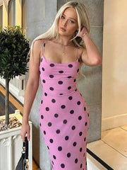 Pink Polka Dot Spaghetti Strap Lace-up Long Dress