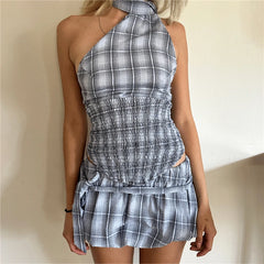 Plaid Wrap Around Neck Top And Mini Skirt Set
